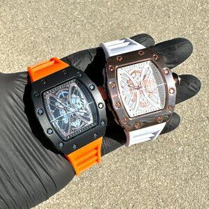 Men's 42mm Orange White Skeleton Luxury Hiphop Rubber Strap Tonneau Watch